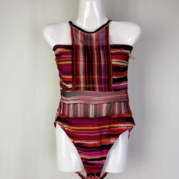 Kenneth Cole New York Striped Sheer One Piece Swimsuit - Size L - Picture 1 of 5